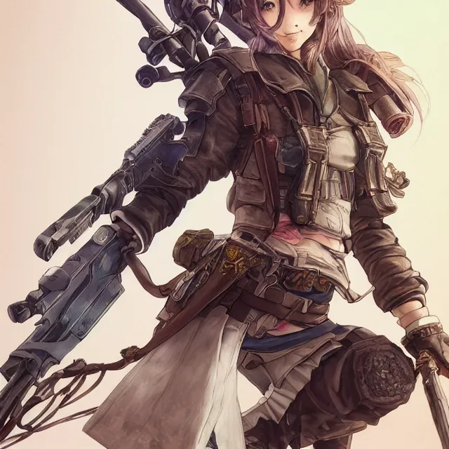 Image similar to the portrait of lawful neutral semi - colorful female infantry gunner as absurdly beautiful, gorgeous, elegant, young anime girl, an ultrafine hyperdetailed illustration by kim jung gi, irakli nadar, intricate linework, bright colors, octopath traveler, final fantasy, unreal engine 5 highly rendered, global illumination, radiant light, detailed and intricate environment