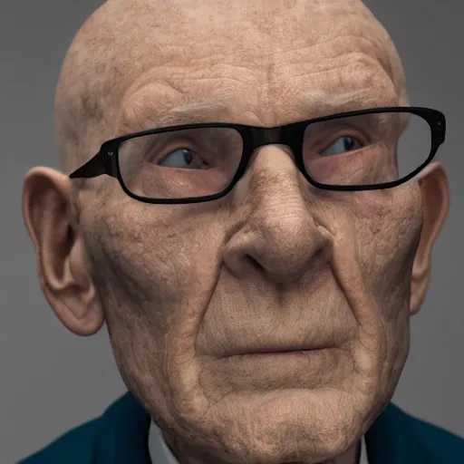 Prompt: Render of a 99 year old man named James Randal from New York, no beard, balding, square rimmed glasses, off-white button up shirt. Hyperdetailed, Medium shot, mid-shot, Unreal Engine, 4k,
