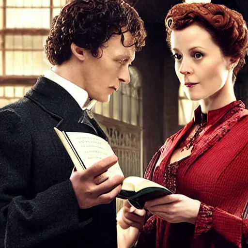 Prompt: sherlock holmes and irene adler fall in love in hogwarts holding a magical book, fantasy atmosphere