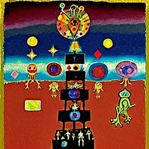 Image similar to pixel decollage painting tarot lovers card composition tower of babel road red armor maggot bear and wonky alien frog skeleton knight on a horse in a dark red cloudy night sky with golden foil jewish stars, occult symbols and diamonds, mountain lake and blossoming field in background, painted by Mark Rothko, Helen Frankenthaler, Danny Fox and Hilma af Klint, pixelated, neo expressionism, semi naive, pastel colors, cinematic, color field painting, cave painting, voxel, pop art look, outsider art, minimalistic. Bill Traylor painting, part by Philip Guston and Francis Bacon. art by Adrian Ghenie, very coherent symmetrical artwork, cinematic, hyper realism, high detail, octane render, unreal engine, Smooth gradients, depth of field, full body character drawing, extremely detailed, 8k, extreme detail, intricate detail, masterpiece