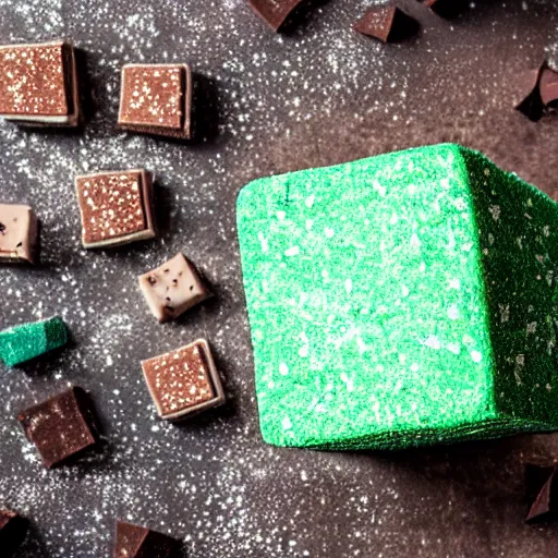 Image similar to photograph of a marshmallow cube with sprinkles and chocolate flakes on a dark wooden chopping board, light green pastel, hessian cloth, styled food photography, photorealistic, 4 k