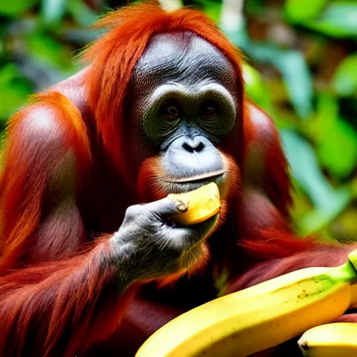 Image similar to pixel art of an orangutan eating a banana 4 k, high resolution, still, landscape, hd, dslr, hyper realistic