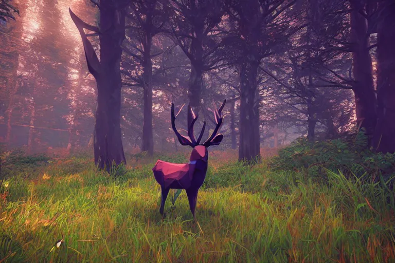 Prompt: lowpoly art of red deer in an undergrowth, unreal engine, retrowave color palette, 3 d render, lowpoly, colorful, digital art, perspective