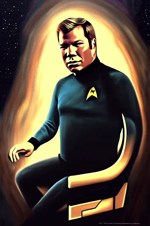 Image similar to a portrait of young william shatner as captain kirk sitting in the captains chair, dark, gothic, sci - fi, portrait, figurativism, muted colors, digital painting in the style of bastien lecouffe - deharme, trending on artstation, detailed