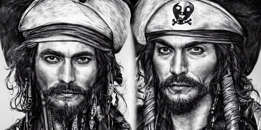 Image similar to realistic portrait of a handsome pirate captain with black hair, 1450, ink, ultra realistic, 8k