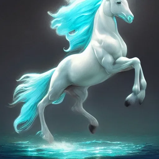 Image similar to a fantastical transparent small turquoise spirit horse made of water and foam, splashing water, translucent, ethereal, noble, radiant, hyperalism, scottish folklore, digital painting, artstation, concept art, smooth, 8 k frostbite 3 engine, ultra detailed, art by artgerm and greg rutkowski and magali villeneuve