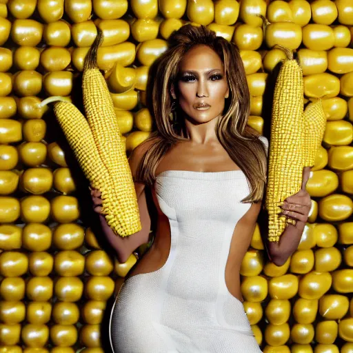 Image similar to full body photo of jennifer lopez, she is wearing a funny kid's hallowen costume of corn on a cob, studio lighting, corn on a cob is everywhere