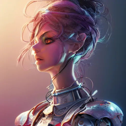 Image similar to studio portrait of lawful good colorful female holy mecha paladin absurdly beautiful, elegant, young sensual graceful woman, ultrafine hyperrealistic detailed face illustration by kim jung gi, irakli nadar, intricate linework, sharp focus, bright colors, matte, octopath traveler, final fantasy, unreal engine highly rendered, global illumination, radiant light, intricate environment