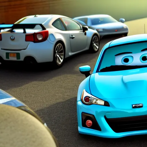 Prompt: An Evo 10 car and a BRZ car kissing, Pixar Cars movie style, 3D render, beautiful lighting, the cars have faces, extremely detailed, HDR, 4K, 8K