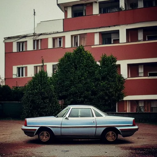 Image similar to low angle shot of russian car in soviet yard with block of flats, low grain film,polaroid, masterpiece, f 1.6, bokeh, mid day in style of william egglestone