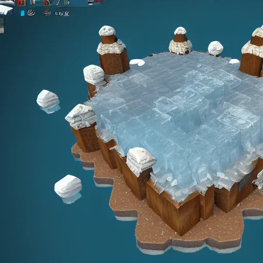 Prompt: a tower defense level, ice, north pole, waterways, top down perspective, art