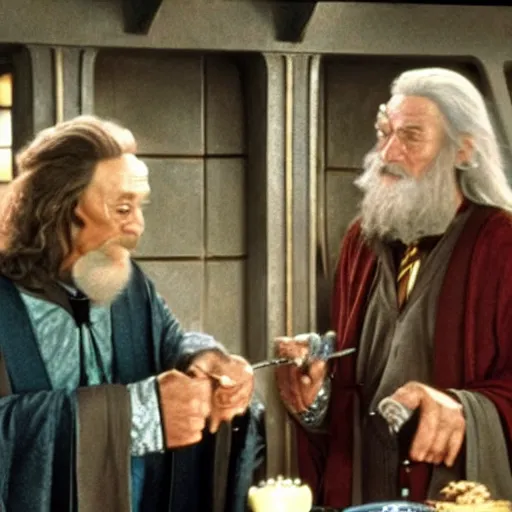 Prompt: harry potter and gandalf in quark's bar on deep space nine