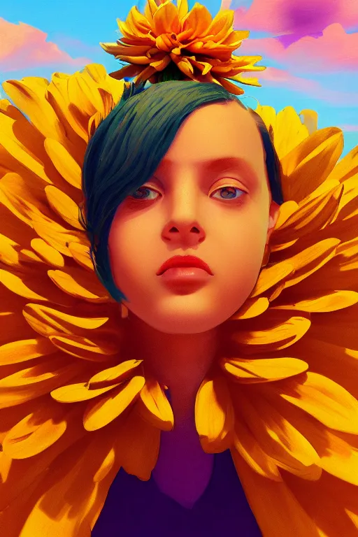 Image similar to closeup girl with huge yellow dahlia flower face, on the beach, surreal photography, blue sky, sunrise, dramatic light, impressionist painting, digital painting, artstation, simon stalenhag