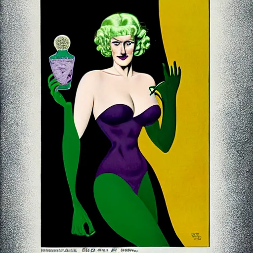 Image similar to Eva Green is Metamorpho, the Element Woman, Art by Coles Phillips, Chalk white skin, deep purple hair, Green eyes, Portrait of the actress, Eva Green as Metamorpho, carbon black and antique gold