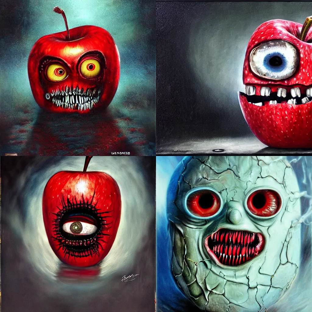 Prompt: movie poster a red apple with scary teeth and big eyes by clive barker, realistic photographed oil painting, supernatural colors, beautiful, dappled silver lighting, epic, atmospheric, highly detailed, horrific, 8 k,