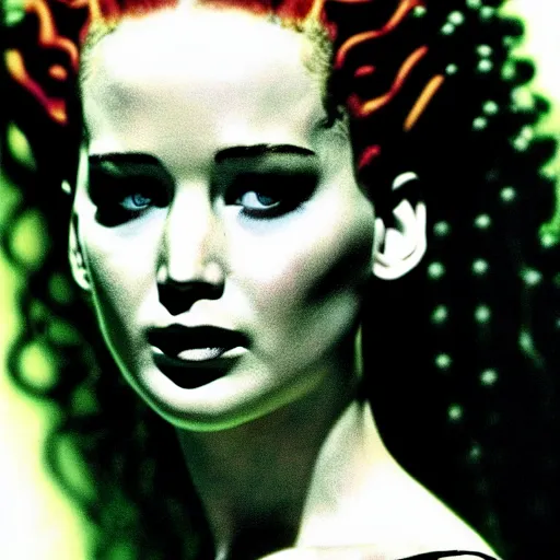 Prompt: jennifer lawrence as bride of frankenstein, color photography, sharp detail, still from the movie