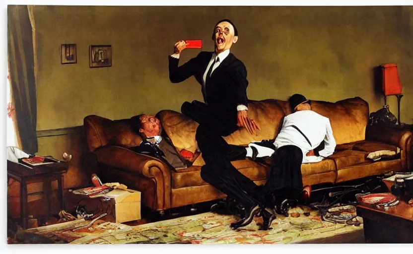 Prompt: a thin man jumps over a telephone beside a sofa in a dark living room, painted by rick berry and norman rockwell, highly detailed