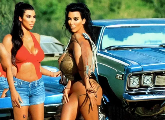 Image similar to movie still of a kim kardashian as daisy duke in the movie the dukes of hazzard