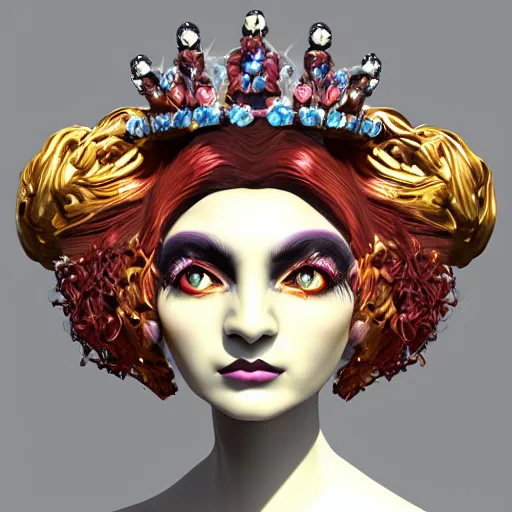 Image similar to realistic rococo style alien witch goddess queen with crystal gems crown sharp focus 8 k