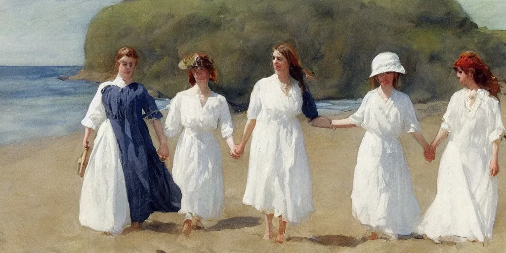 Image similar to a young edwardian woman wearing a white dress on a beach in Sweden, holding hands with another young edwardian woman, in the style of Anders Zorn