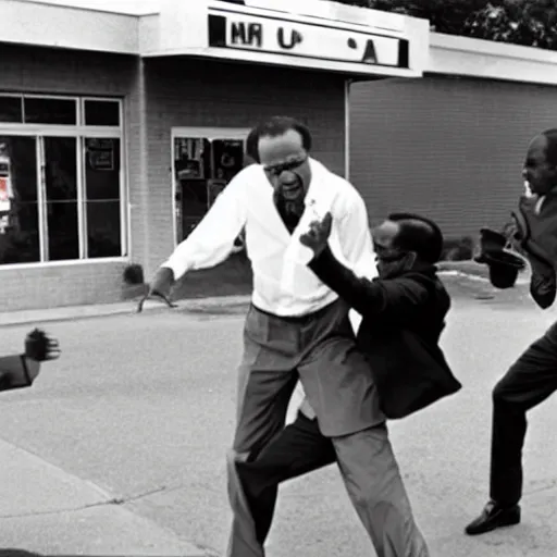 Image similar to Jamal and DeAngelo shooting up smack with Richard Nixon behind a 7/11, photo