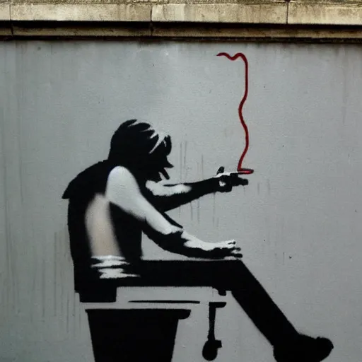 Image similar to banksy artwork of man on toilet