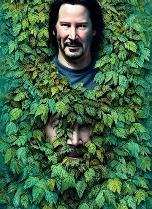 Image similar to highly detailed comedy caper movie poster with silly wacky zany keanu reeves as a sentient pile of leaves, keanu reeves green face as tree sentient leafy bush by greg rutkowski, masterpiece, really funny, 1 0 / 1 0 comedy