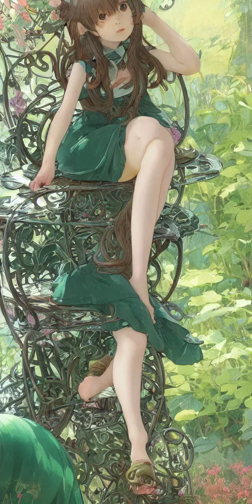 Prompt: a close up of a loli with long hair in a dress sitting on a metal garden chair in the privet garden at afternoon, green and warm theme, back lighting, by krenz cushart and mucha and akihito yoshida and greg rutkowski and studio ghibli, detailed eyes, 4 k resolution, trending on art station