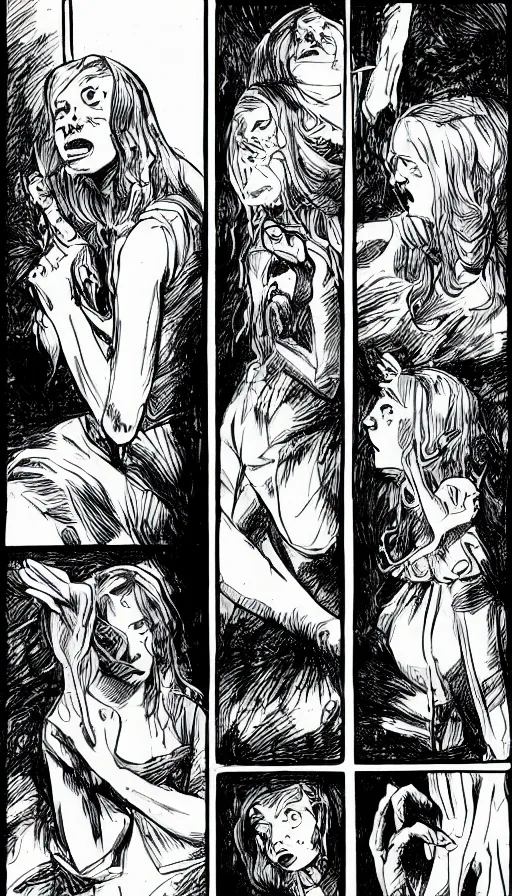 Image similar to multi - panel page from a highly detailed horror comic. young woman talking with a horrifying creature in her adjustment. terror. ink.