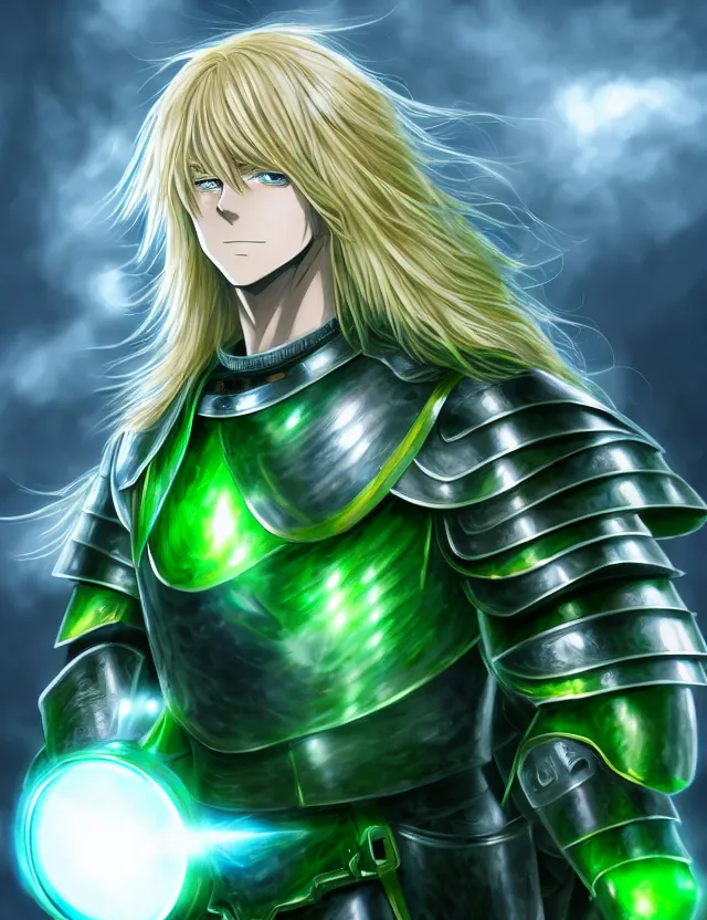 Prompt: an excellent anime portrait of a long haired blonde man with blue eyes in green plate armour glowing with green energy, trending on artstation, digital art, 4 k resolution, detailed, high quality, sharp focus, hq artwork, coherent, insane detail