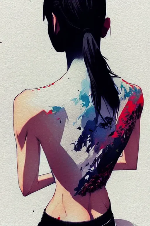 Prompt: a ultradetailed beautiful back painting of a stylish woman, she is wearing a black tank top and jeans, her hair is in a pony tail, by conrad roset, greg rutkowski and makoto shinkai trending on artstation