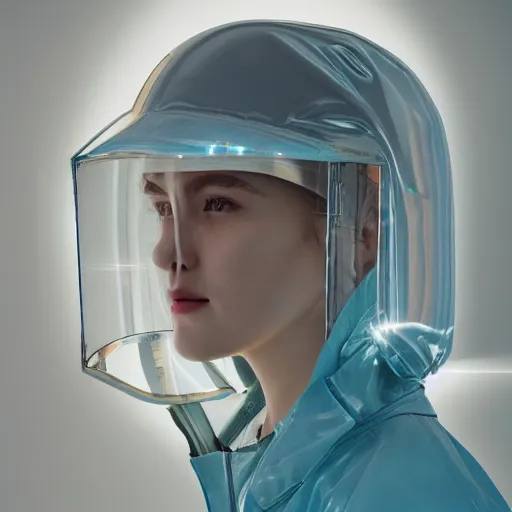 Prompt: an ultra high definition professional studio quality photograph of a transparent iridescent perspex pastel coloured visor and matching raincoat on a white coat hook in an empty white room. dramatic lighting, ray tracing, refraction, shallow d. o. f, colour corrected, golden ratio, three point light. volumetric shadows. light rays.