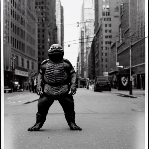 Prompt: Beautiful Portrait Photograph polaroid of a ninja turtle in the middle of a New York street, black and white