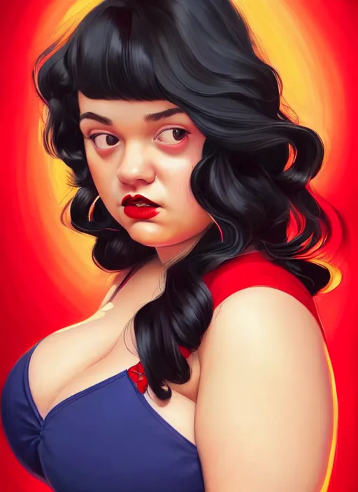 Image similar to full body portrait of teenage veronica lodge, obese, bangs, sultry, realistic, sultry smirk, wavy hair, red skirt, fat, belly, intricate, elegant, glowing lights, highly detailed, digital painting, artstation, concept art, smooth, sharp focus, illustration, art by wlop, mars ravelo and greg rutkowski