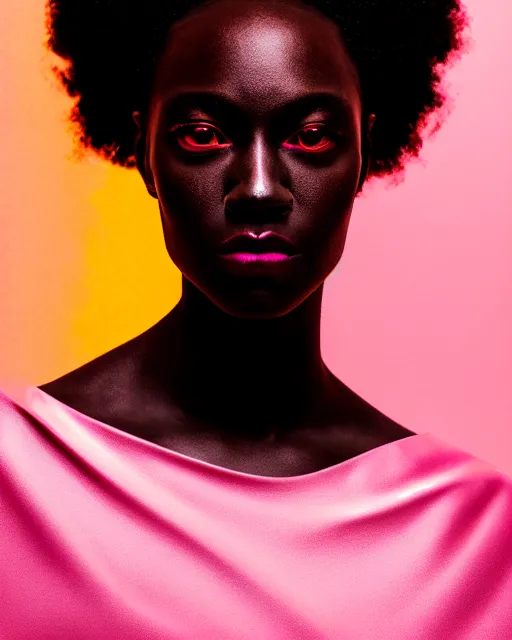 Image similar to hyperrealist highly intricate neo-baroque portrait pink pearlescent exoskeleton beautiful black goddess concept art pascal blanche key sage dramatic yellow lighting 8k high angle shallow depth of field