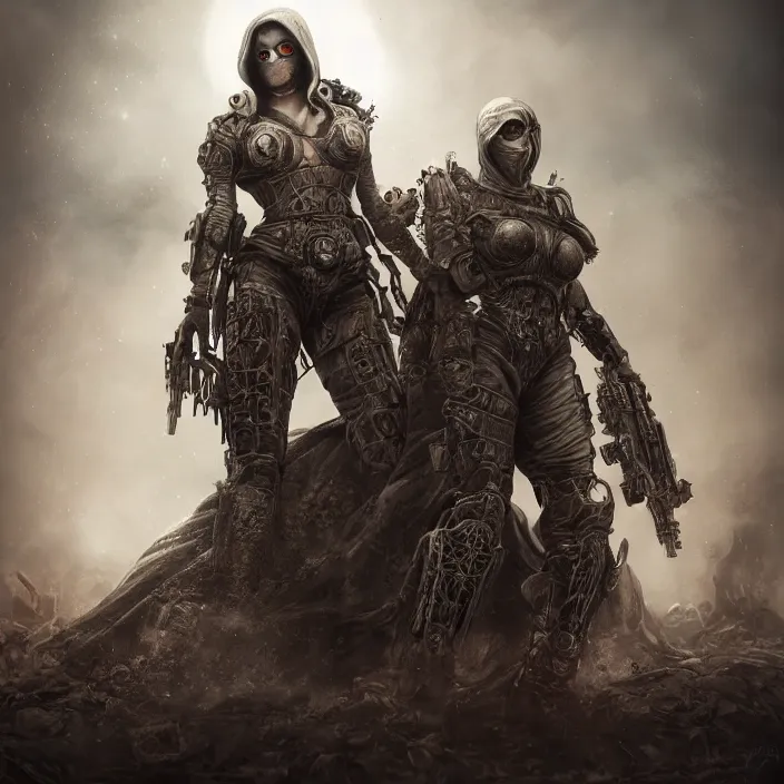 Image similar to beautiful apocalyptic woman in hooded cloak, standing on mad max panzer tank, hyper-detailed, smooth, sharp focus, 4k ultra hd, fantasy dark art, tank girl, artgerm, artstation, octane render, elegant, detailed digital painting, apocalyptic art, Francis bacon, gears of war, unreal engine