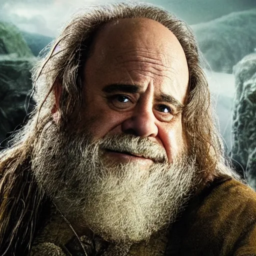 Image similar to movie still of danny devito starring as gimli in the 2 0 2 6 lord of the rings movie, full body, hyper realistic, high quality