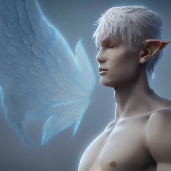 Image similar to a portrait of a glowing enchanted hard angelic heavenly male elf made of stone in heaven, fantasy, octane render, unreal engine, artstation, digital painting.