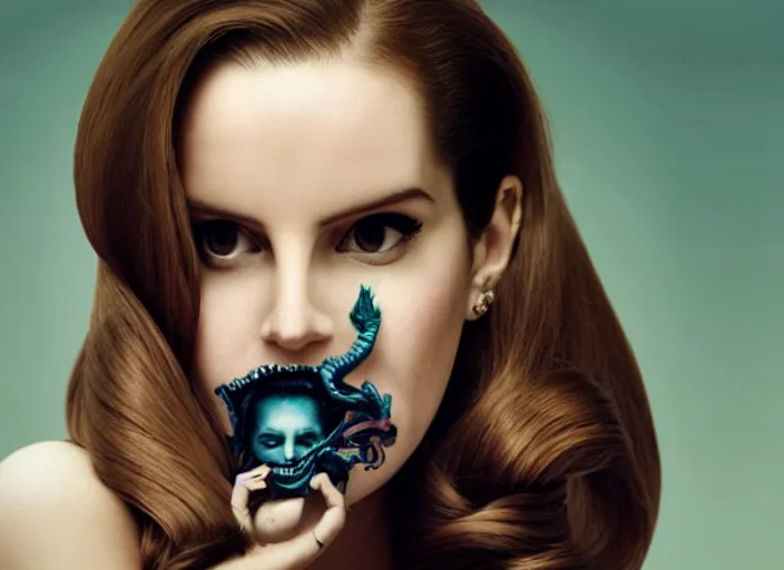 Prompt: still of a lana del rey with an alien facehugger on her face.