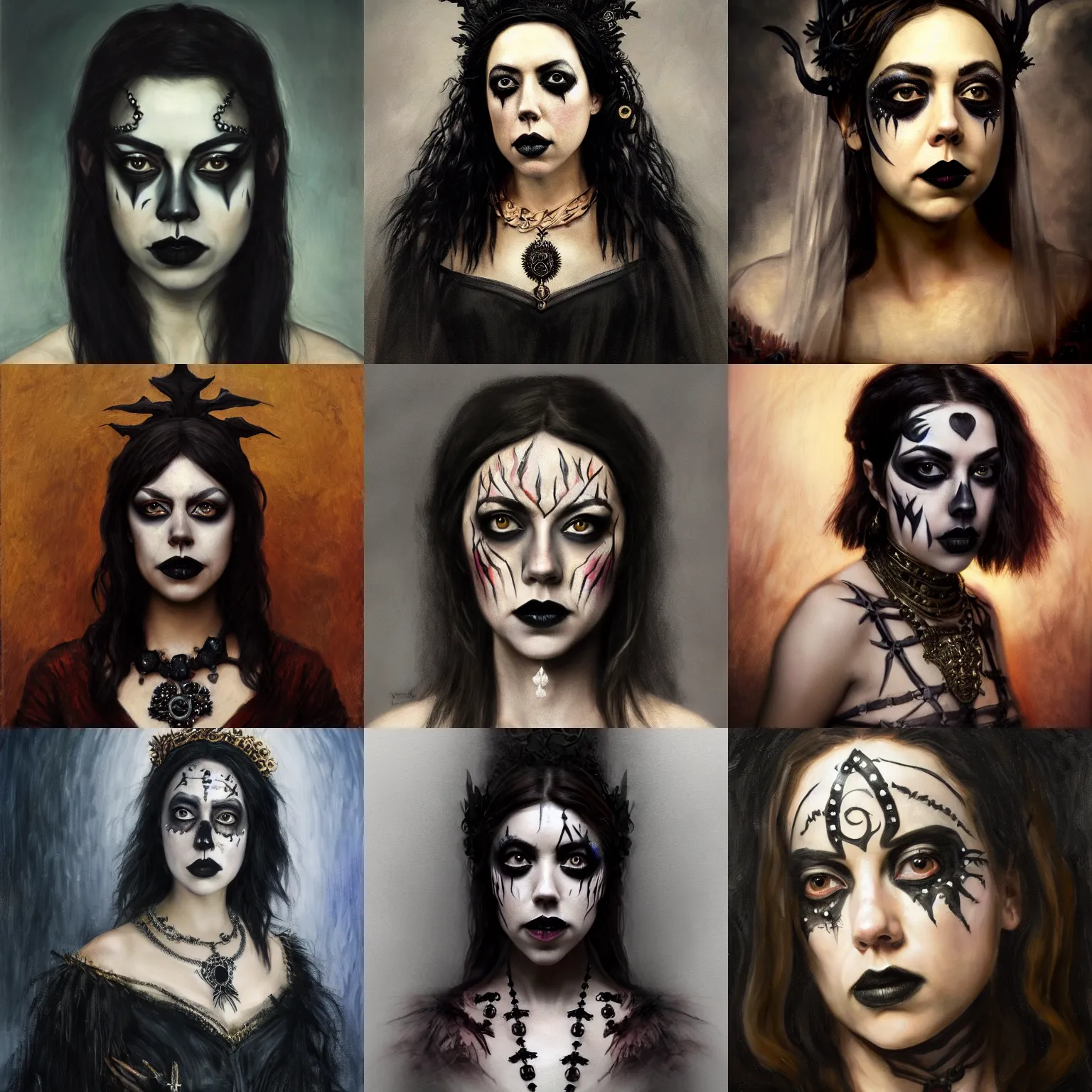 Prompt: aubrey plaza as the gothic goddess of darkness. intricate jewelry and face paint, flowing clean 4 k art trending on artstation by monet, rembrandt, oil painting, digital