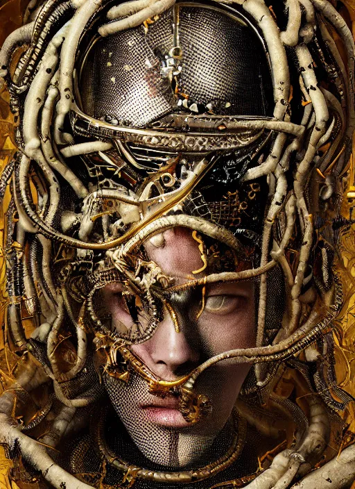 Image similar to portrait of king arthur knight medusa cyborg, kintsugi, modern fine art, fractal, intricate, elegant, highly detailed, digital photography, subsurface scattering, by jheronimus bosch and basquiat and greg rutkowski,