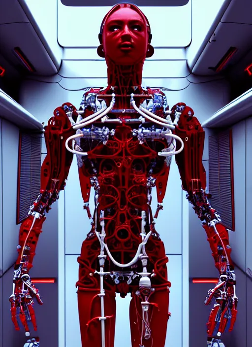 Prompt: space station exterior, a statue jesus on cross made of red marble, perfect symmetrical body, full body shot, inflateble shapes, wires, tubes, veins, white biomechanical, wearing epic bionic cyborg implants, masterpiece, intricate, biopunk, vogue, highly detailed, artstation, concept art, cyberpunk, octane render