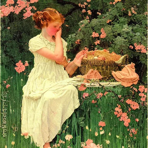 Prompt: Persephone in Spring, by Norman Rockwell, warm glow, deep focus, busy composition