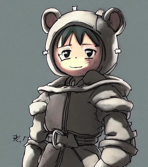 Image similar to attractive little boy wearing an cyborg bear suit, artwork in kentaro miura and made in abyss and inazuma eleven, smooth, beautiful lightness, anatomically correct, trending on pixiv, perfect composition