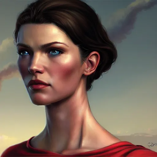 Image similar to portrait of a brunette slim woman with blue eyes in fallout 4, light stubble with red shirt inside victorian mansion ,digital art,photorealistoc,art by greg rutkowski,hyperdetailed,western comic style,comic,comic style,sharp lineart,professional lighting,deviantart,artstation,trevor henderson,rossdtaws,cinematic,dramatic