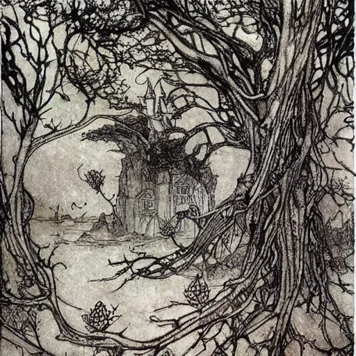 Prompt: fantastic underwater world, environment, building, faerie magic, cast iron fence, thorns, briarwood, overgrown, by Arthur Rackham, extremely detailed