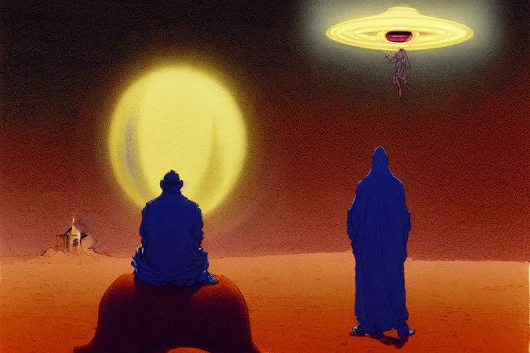 Prompt: a hyperrealist watercolour character concept art portrait of a middle eastern merchant praying in front of an alien with 1 2 eyes on a misty night in the desert. a ufo is in the background. by rebecca guay, michael kaluta, charles vess and jean moebius giraud