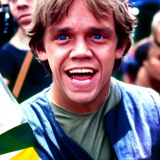 Image similar to rotj luke skywalker goes to pride, getty images, victorious, flags, parade, gay rights, bright smiles, daylight, twenty three year old luke skywalker at gay pride, 3 5 mm photography, played by young mark hamill, very happy, smiling