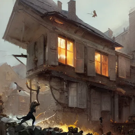 Image similar to a highly detailed oil painting of a giant dog smashing houses, bystanders watching from the sides, 4 k, by greg rutkowski, artstation,