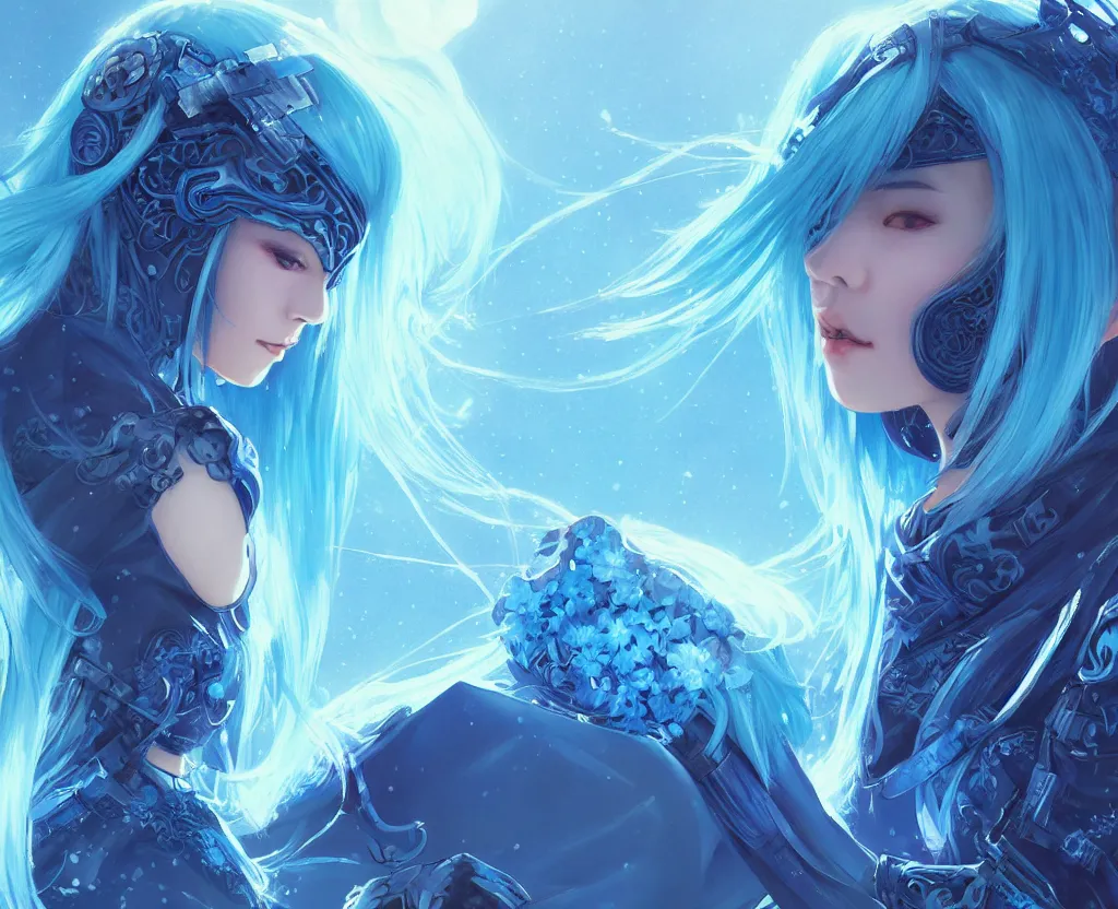 Image similar to portrait light cyan hair ninja gaiden girl, black plus little blue ninja wardrobe, at snowy fuji mountain sunrise, ssci - fi and fantasy, intricate and very very beautiful, detailed, digital painting, artstation, concept art, smooth and sharp focus, illustration, art by tian zi and wlop and alphonse mucha